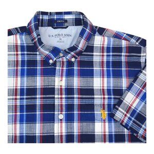 US Polo Assn Mens Plaid Button Up Short Sleeve Shirt XL Blue Red Stretch